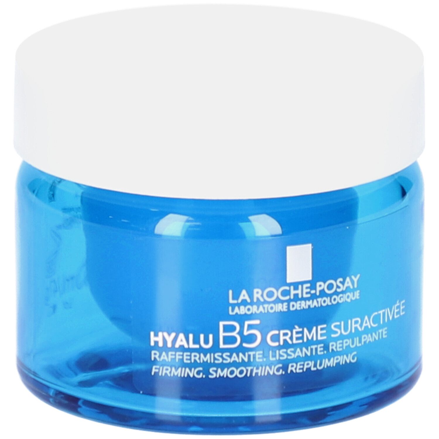Blauwe pot met witte deksel. Opschrift: La Roche-Posay, Hyalu B5 Crème Suractivée. Tekst eronder.