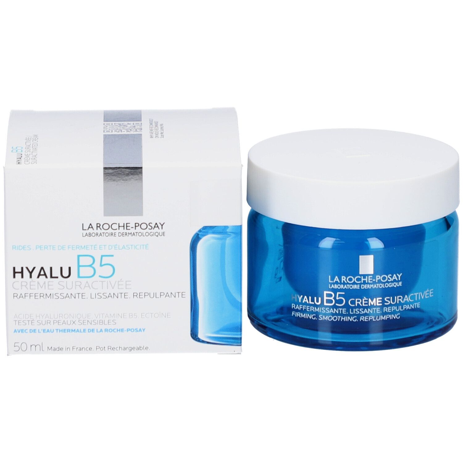 Verpakking en pot. Opschrift: La Roche-Posay, Hyalu B5 Crème Suractivée. 50 ml.