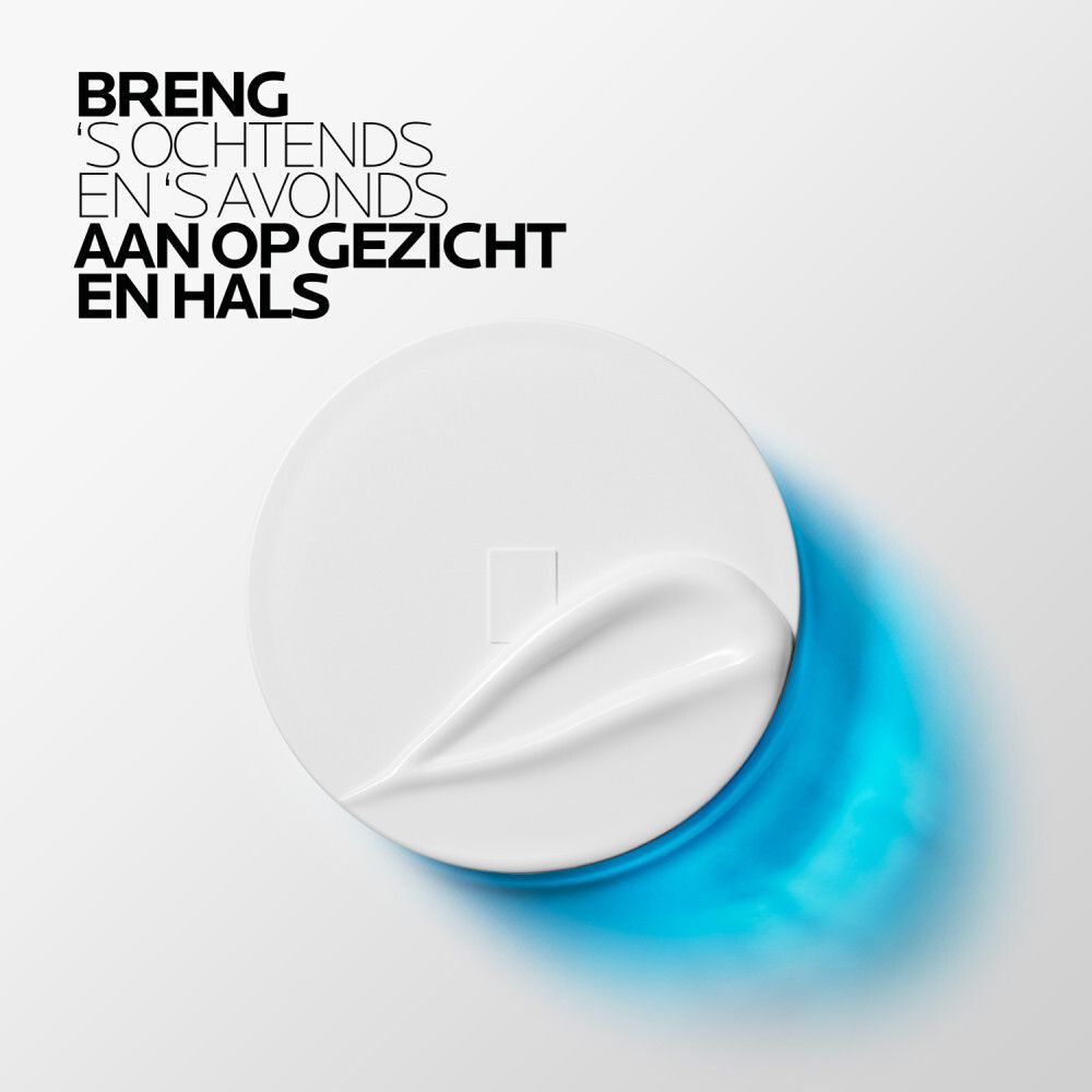 Witte deksel met crème. Tekst: Breng 's ochtends en 's avonds aan op gezicht en hals.