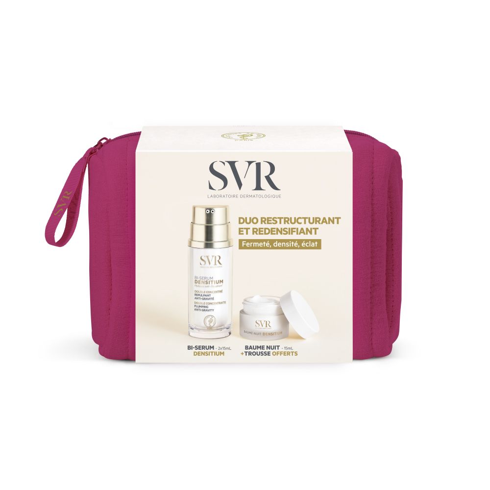 Set met SVR producten. Duo Restructurant et Redensifiant. Bevat bi-serum en nachtbalsem, in een fuchsia etui. Productnamen en merk zichtbaar.