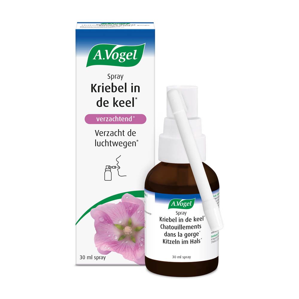 A. Vogel Spray fles en verpakking. Bruine fles, witte spraykop. Tekst: Spray Kriebel in de keel.