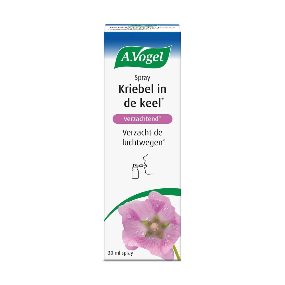 A. Vogel Spray verpakking. Wit, blauw en groen. Tekst: Spray Kriebel in de keel, verzachtend. Roze bloem.