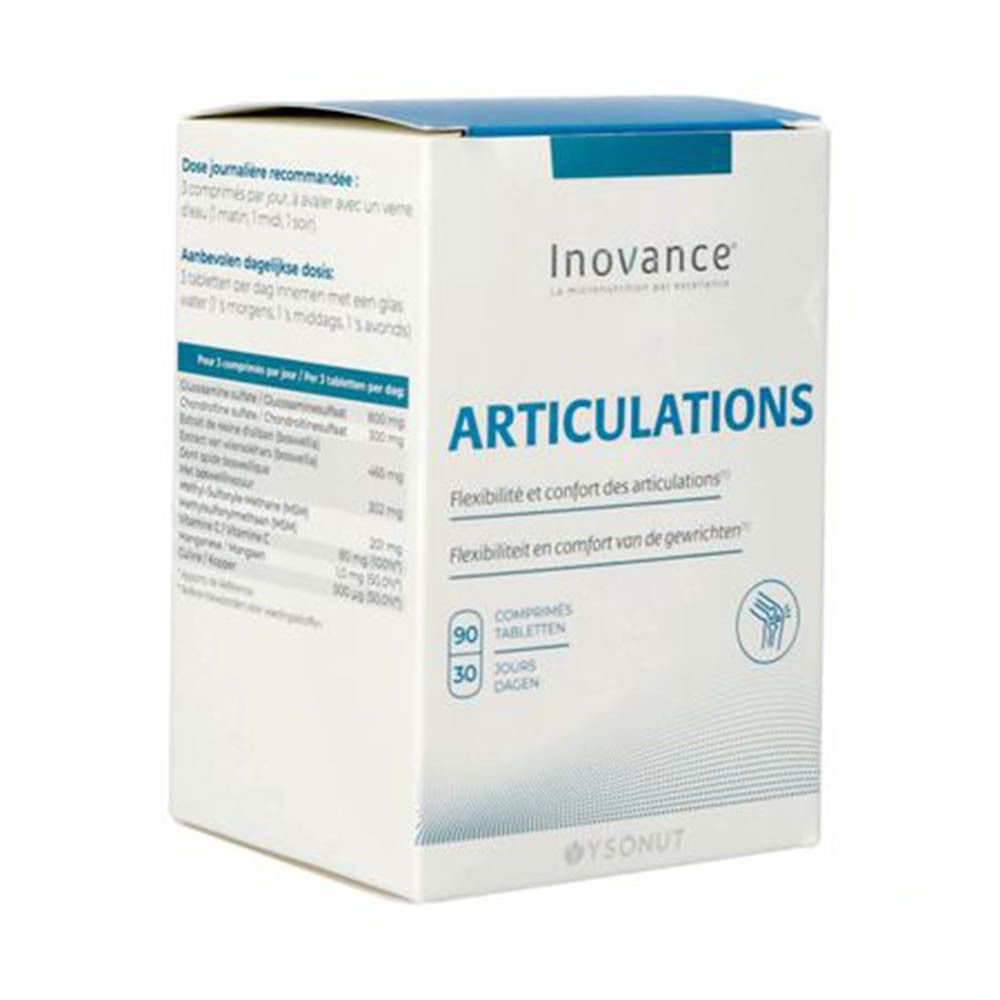 Witte doos met blauwe tekst. Inovance Articulations. Bevat 90 tabletten. Flexibiliteit en comfort van de gewrichten.
