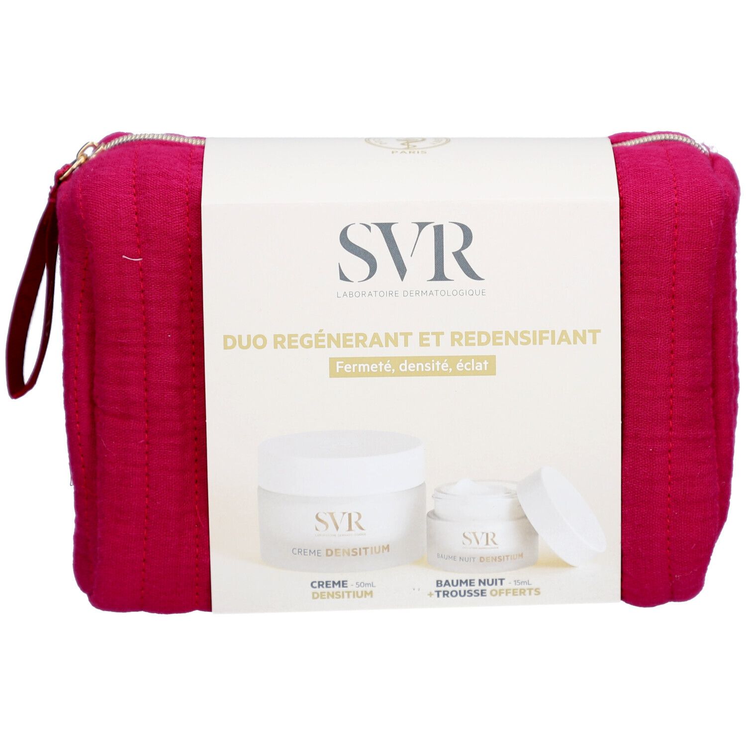Roze toilettas met twee crèmes. Opschrift: SVR, Duo Régénérant et Redensifiant. Witte potjes met deksels.