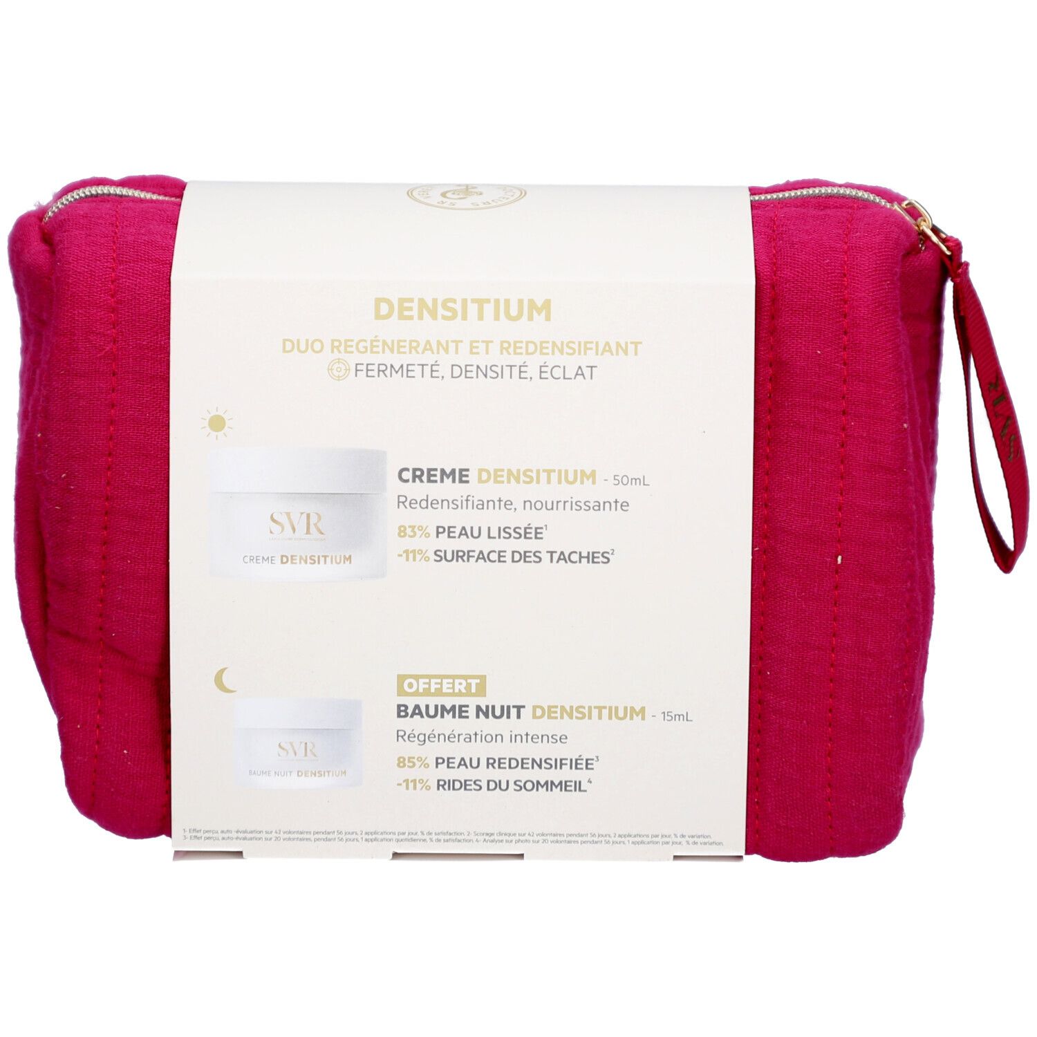 Toilettas met productverpakking. Opschrift: SVR, Densitium Duo Régénérant et Redensifiant. Twee crèmes afgebeeld.