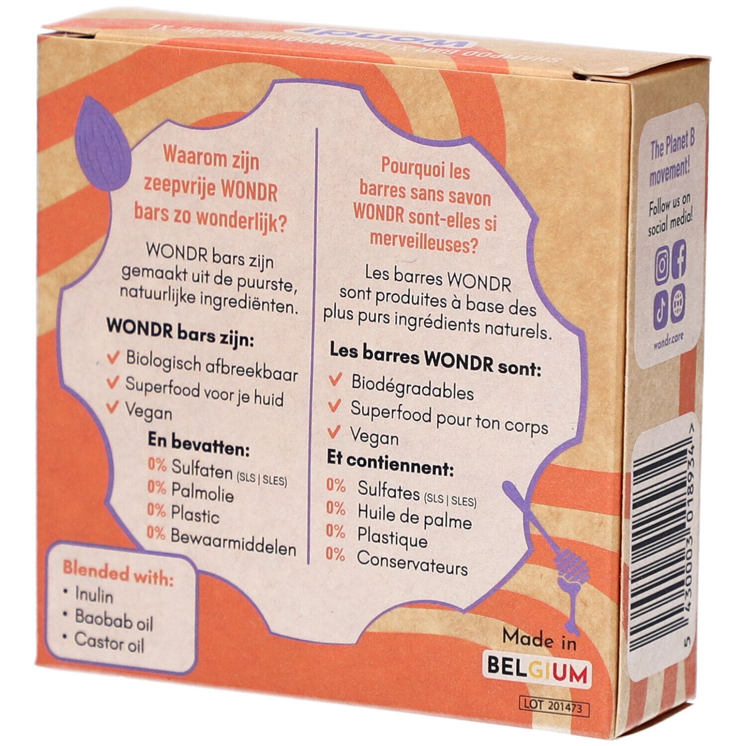 Achterkant van de kartonnen verpakking met informatie over ingrediënten en voordelen.
