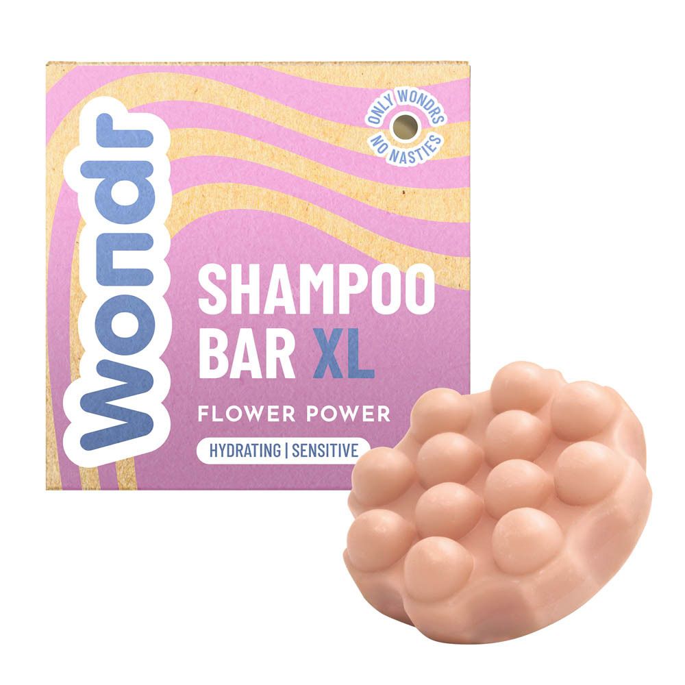 Wondr Shampoo Bar XL en shampoo bar. Roze shampoo bar. Verpakking met Flower Power.