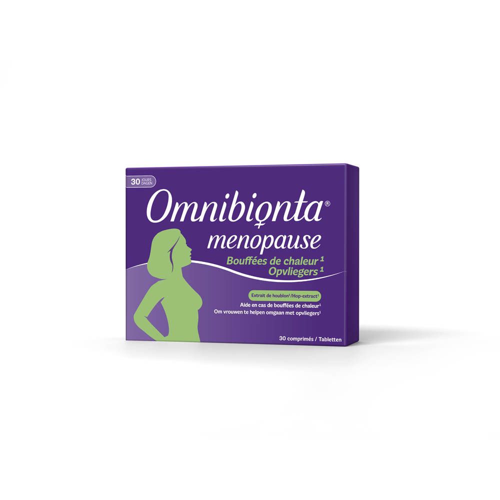 Doos Omnibionta menopause. Paars, vrouwenfiguur. 30 tabletten.