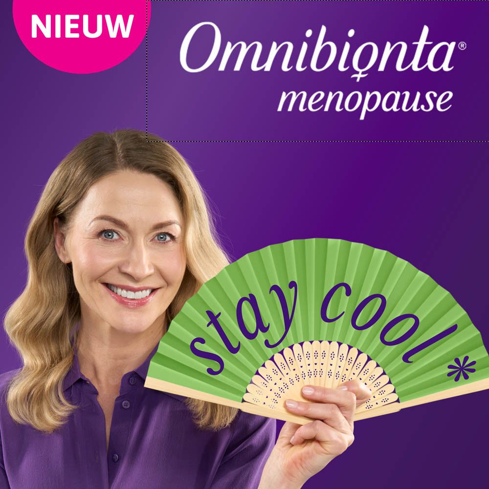 Vrouw met waaier. Tekst: Omnibionta menopause. Nieuw. Stay cool.