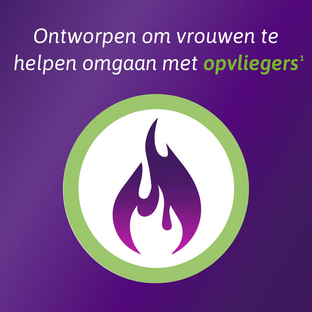Vlamsymbool in groene cirkel. Tekst: Ontworpen om vrouwen te helpen omgaan met opvliegers.