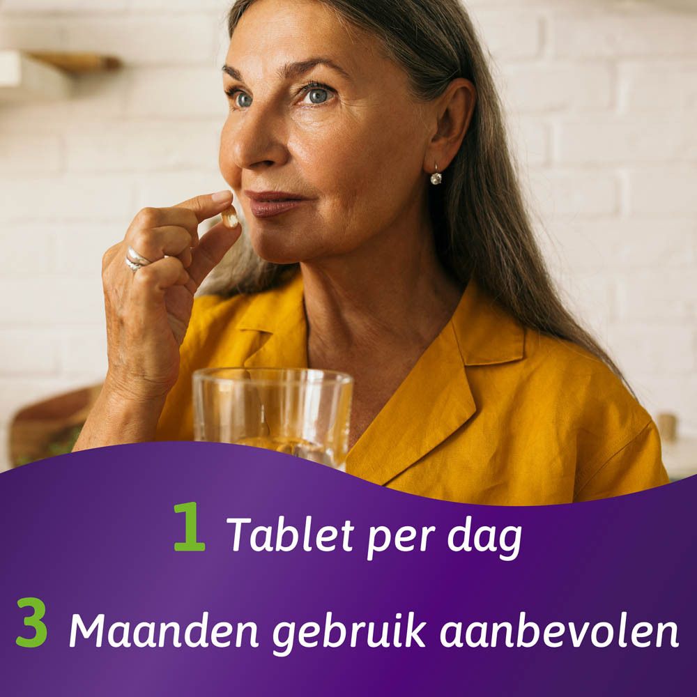 Vrouw neemt tablet. Tekst: 1 Tablet per dag. 3 maanden gebruik aanbevolen.