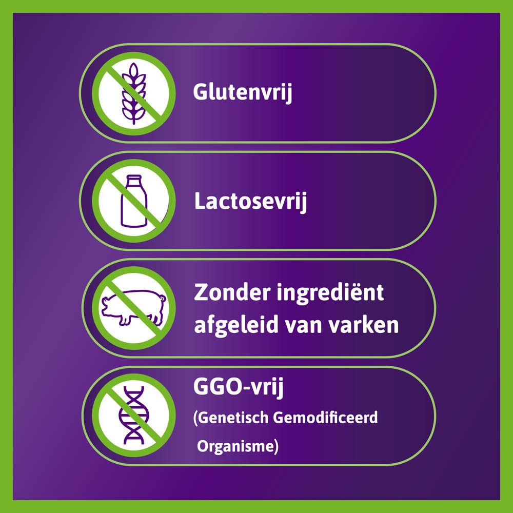 Symbolen: Glutenvrij, Lactosevrij, Zonder varkensingrediënten, GGO-vrij.