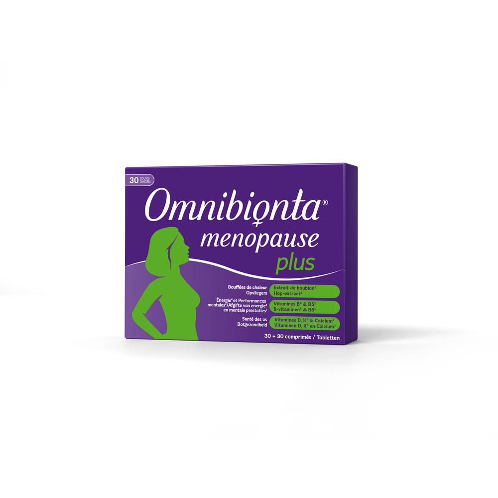 Boîte Omnibionta menopause plus. Informations produit, silhouette féminine, fond violet.