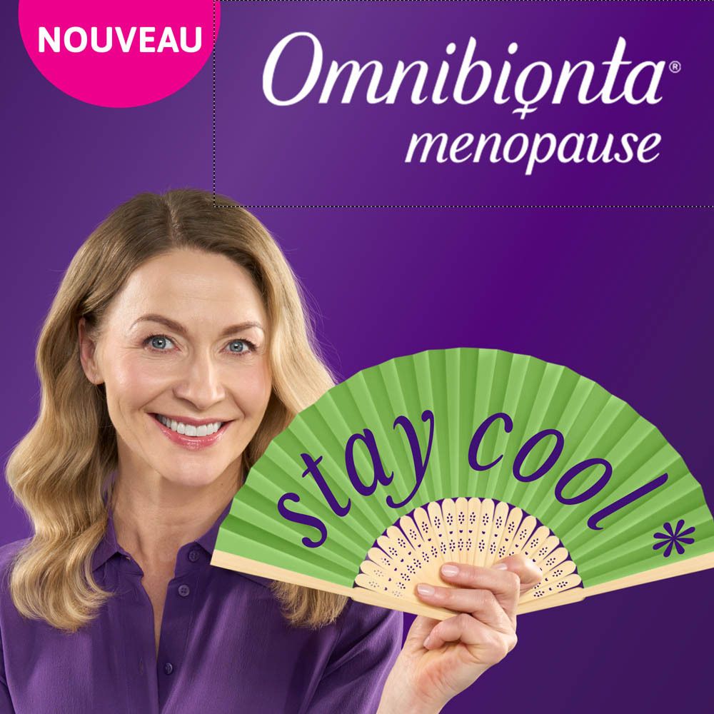 Femme avec éventail. Sur l'éventail, 'stay cool'. Omnibionta menopause.