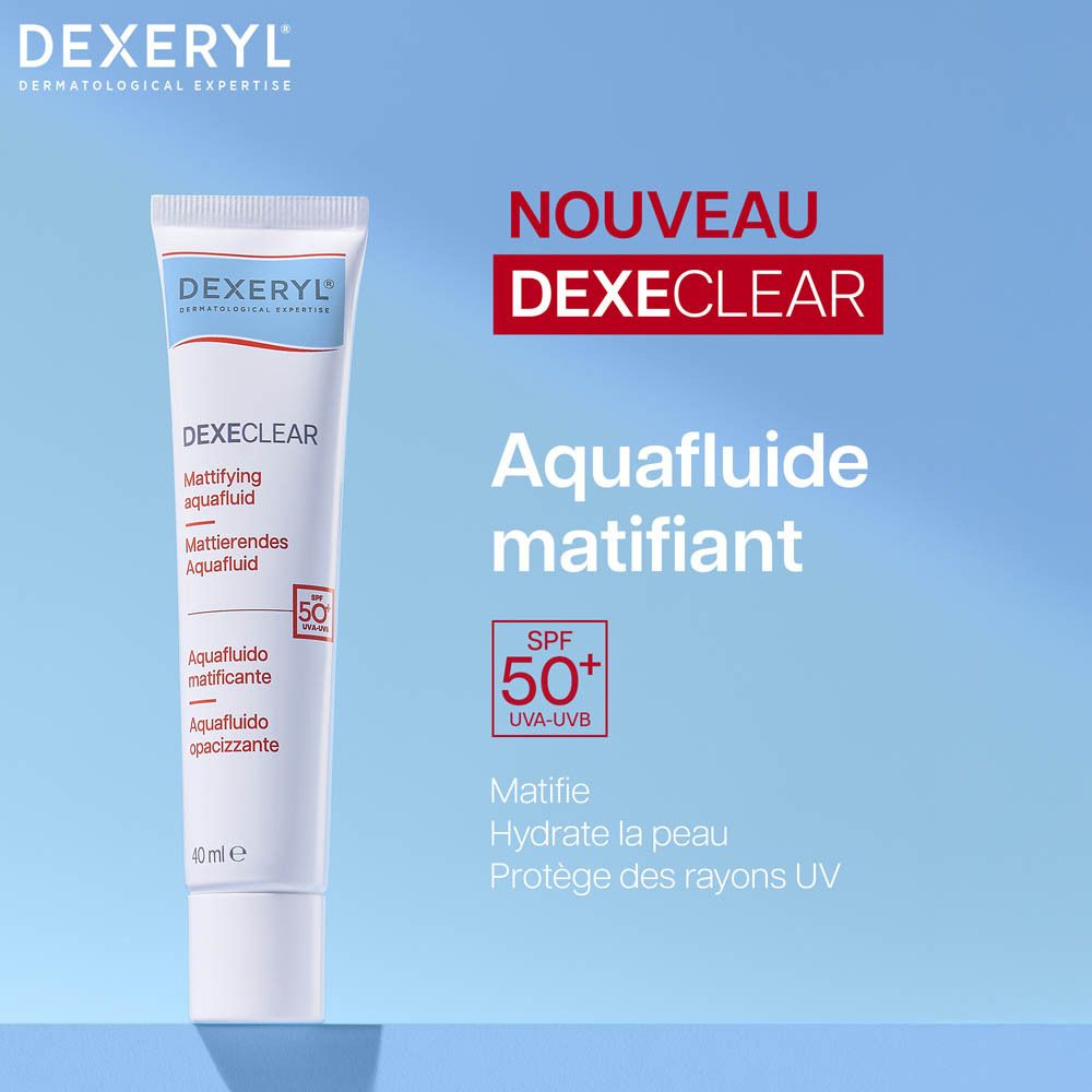 Produit DEXERYL DEXECLEAR. Texte et logo sur fond bleu.