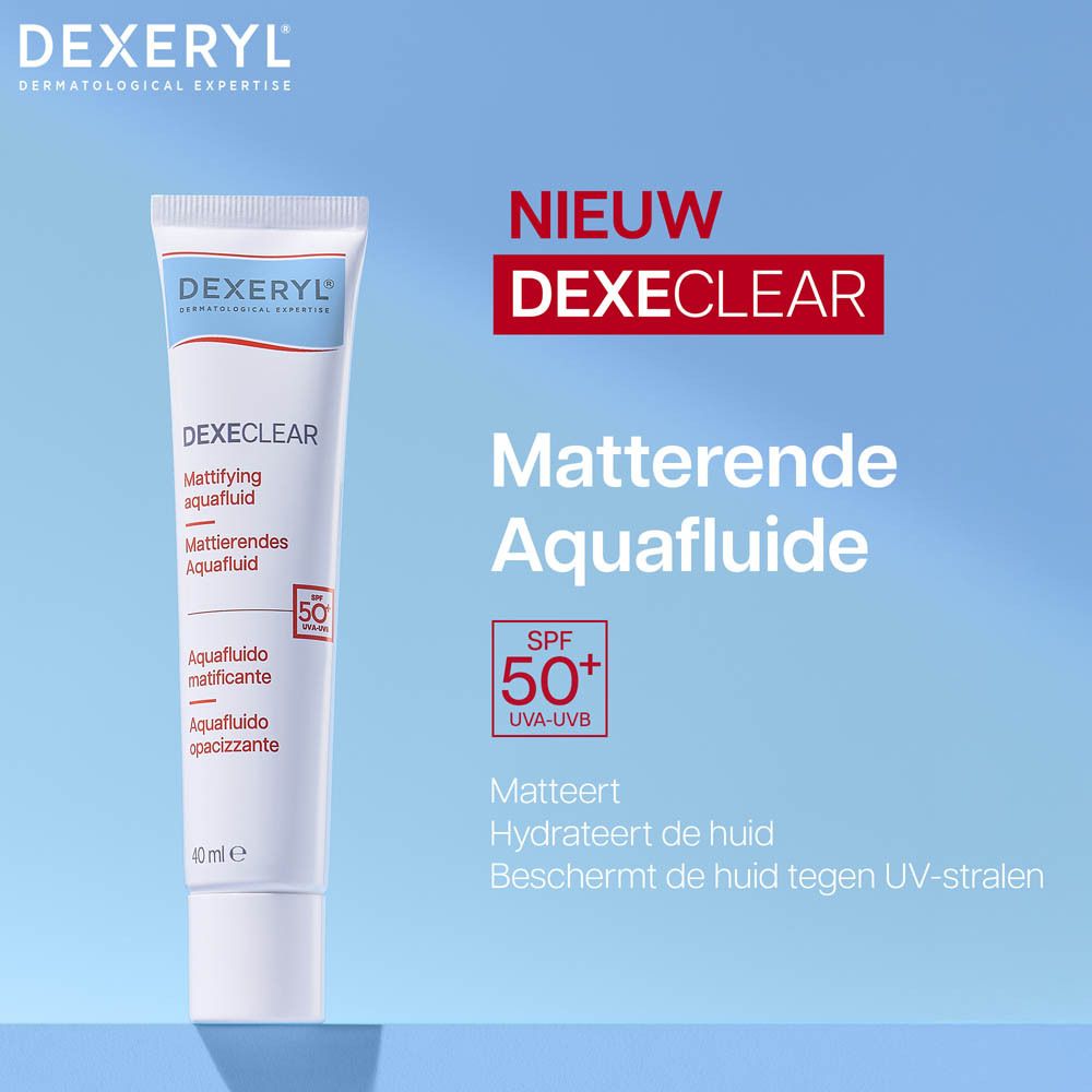 DEXERYL DEXECLEAR product. Tekst en logo op blauwe achtergrond.