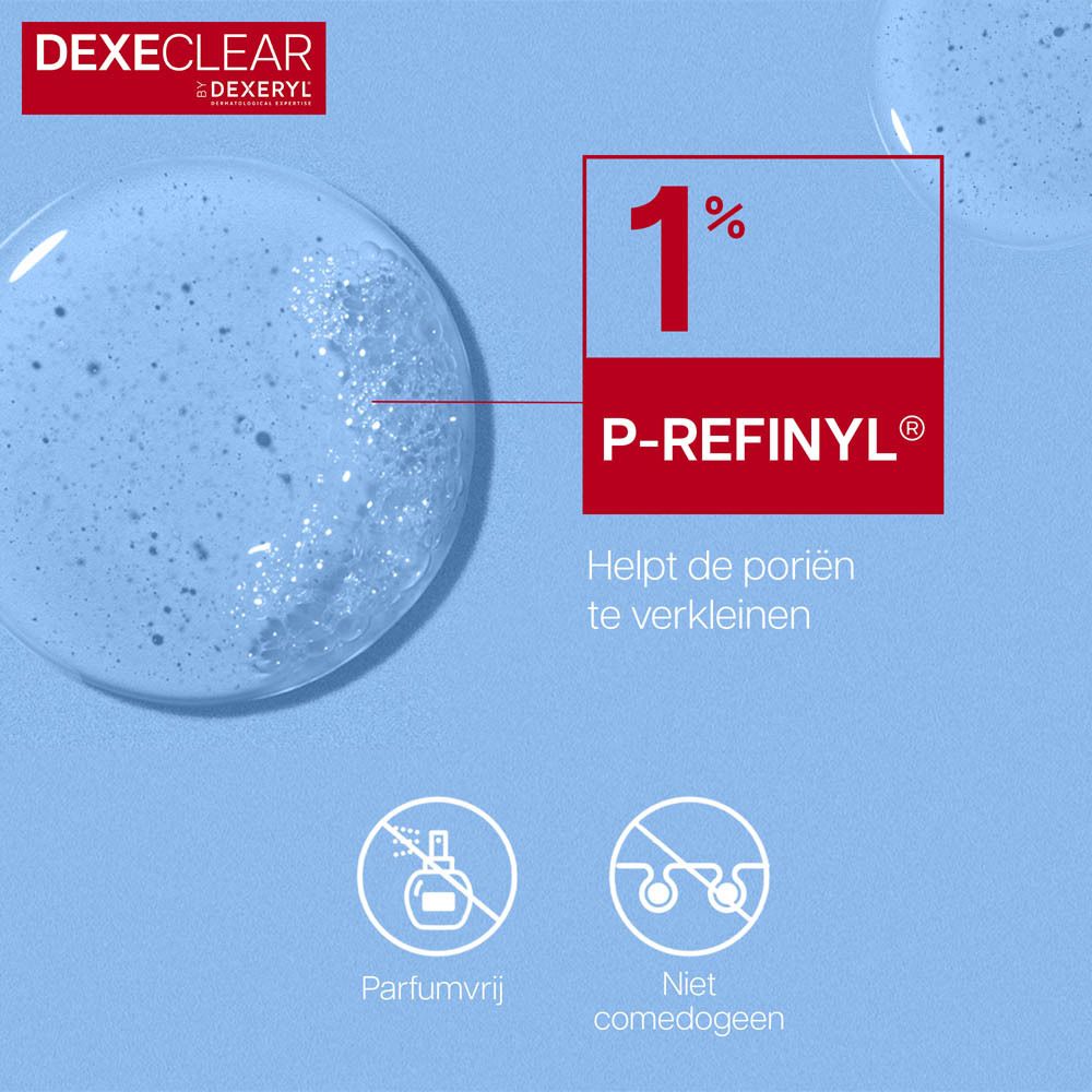 Close-up. Tekst: 1% P-REFINYL, helpt poriën te verkleinen.