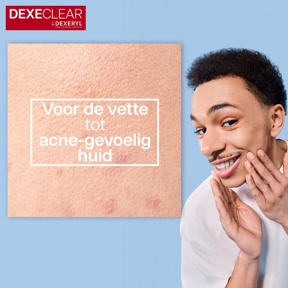 Man met huid. Tekst: Voor de vette tot acne-gevoelige huid.