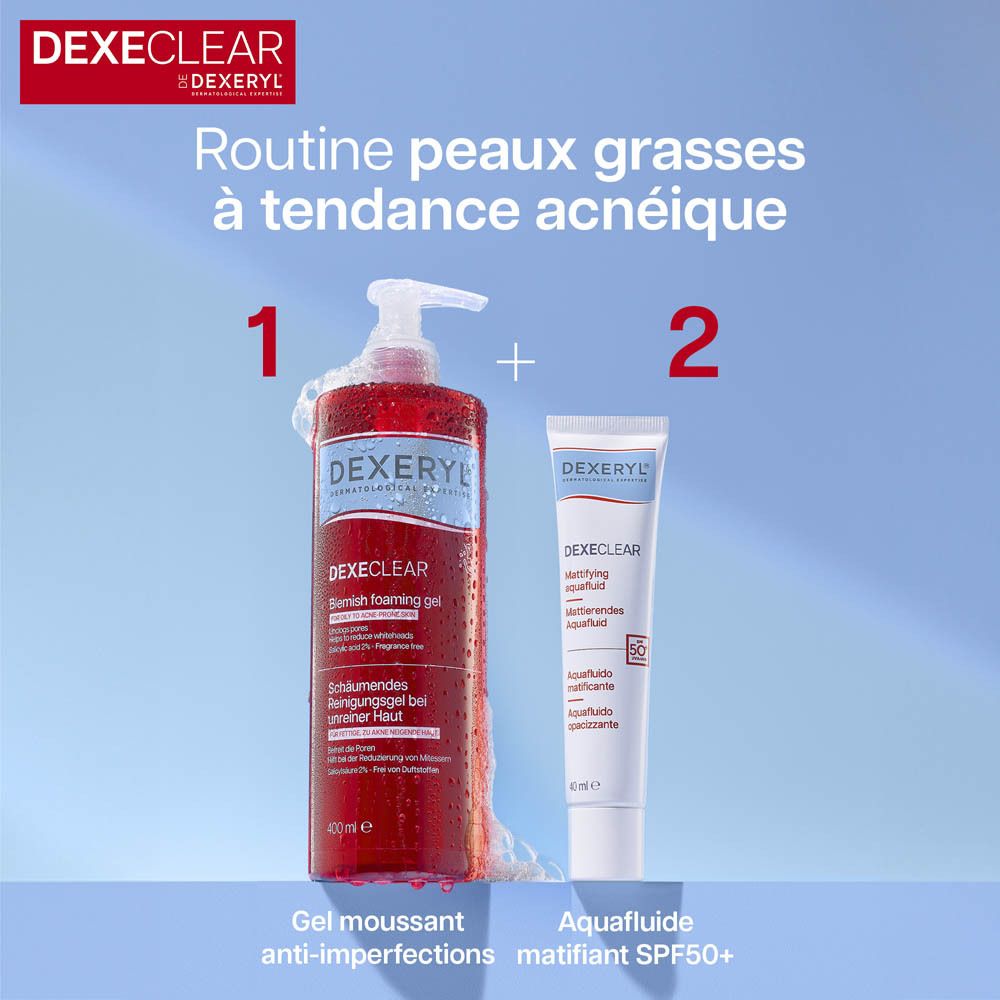 Deux produits : Gel moussant et Aquaf. matifiant SPF50+.