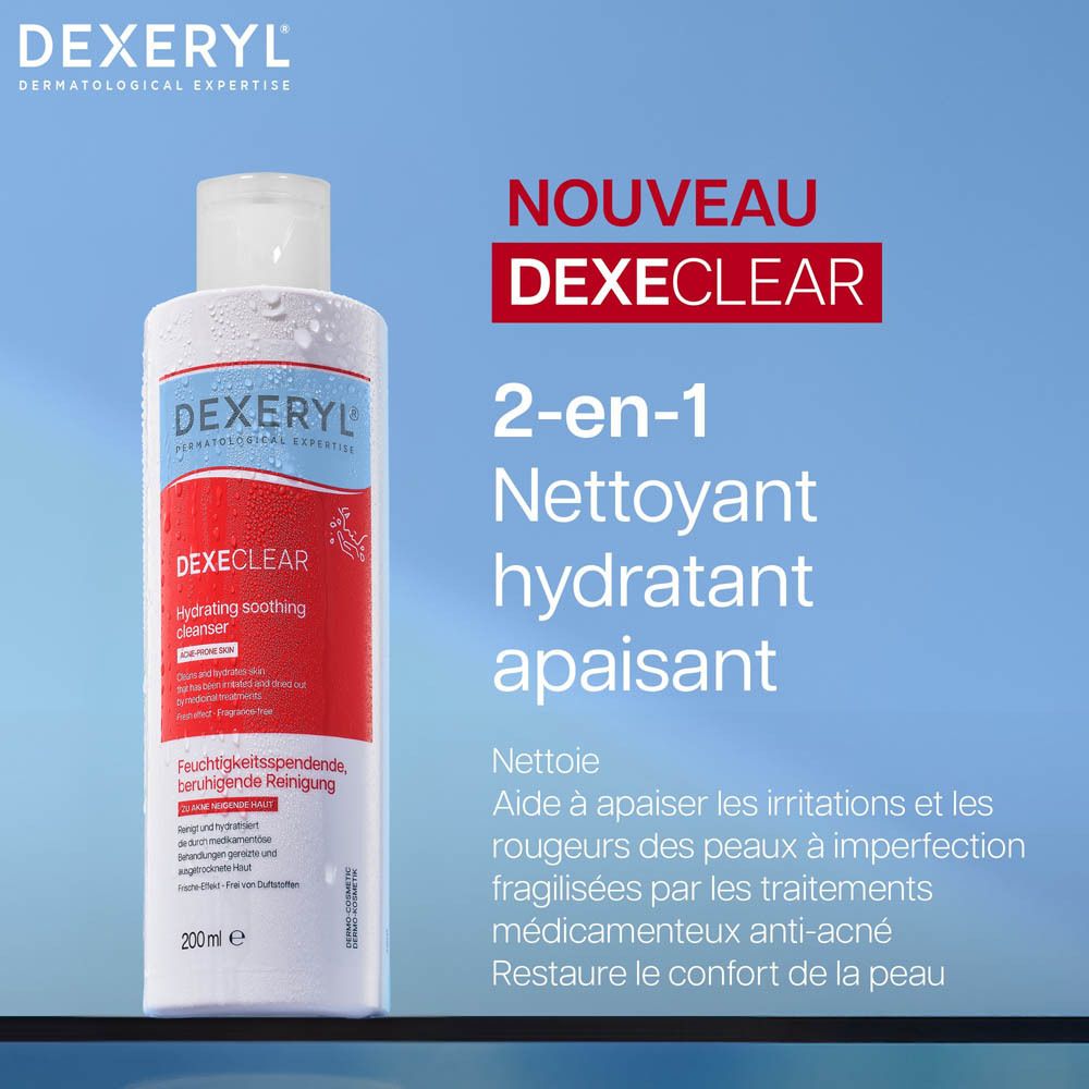 DEXERYL DEXECLEAR, 2-en-1 Nettoyant hydratant apaisant. Texte et image du produit.