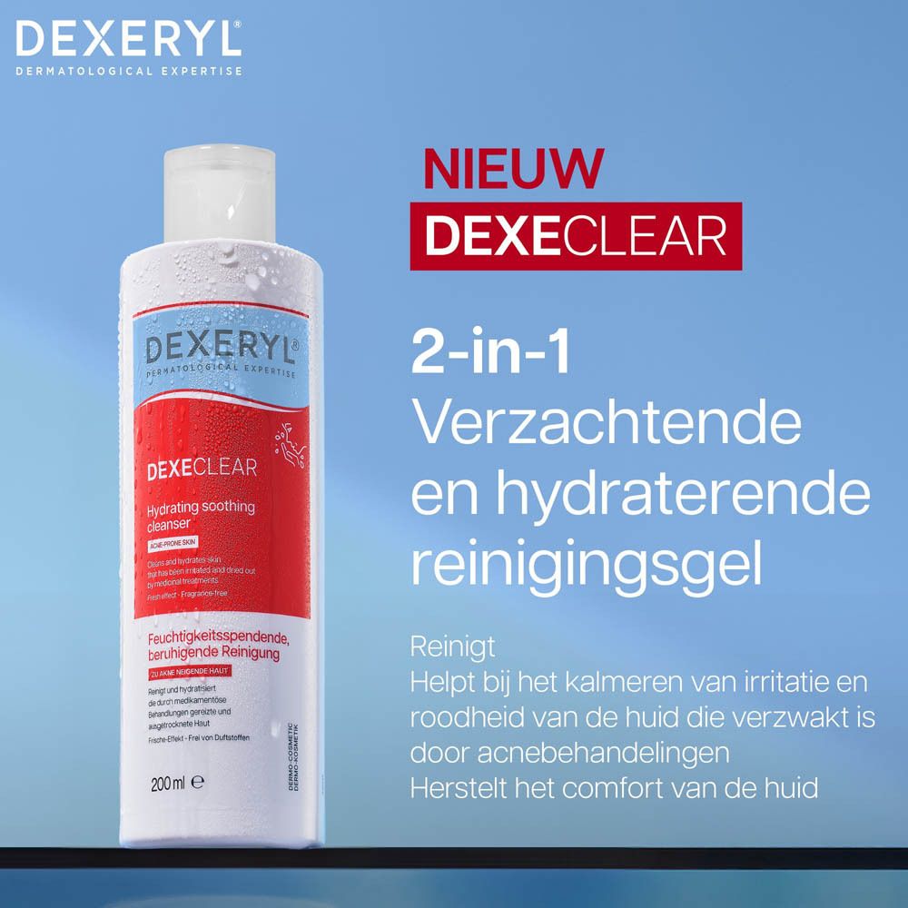 Witte en rode fles. Opschrift: DEXERYL DEXECLEAR, Verzachtende en hydraterende reinigingsgel.
