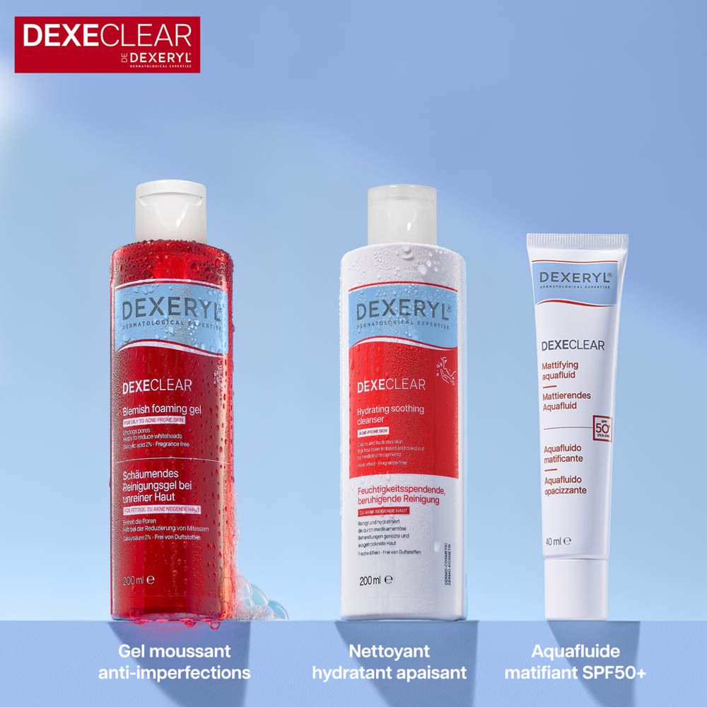 Trois produits: Gel, nettoyant, Aquafloide. DEXERYL DEXECLEAR.