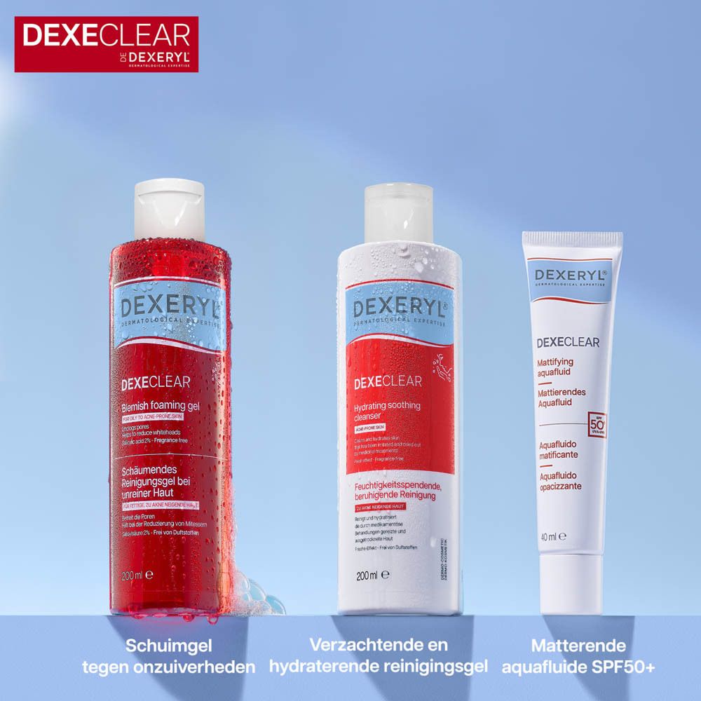 Drie producten: Gel, reiniger, Aquafloide. DEXERYL DEXECLEAR.