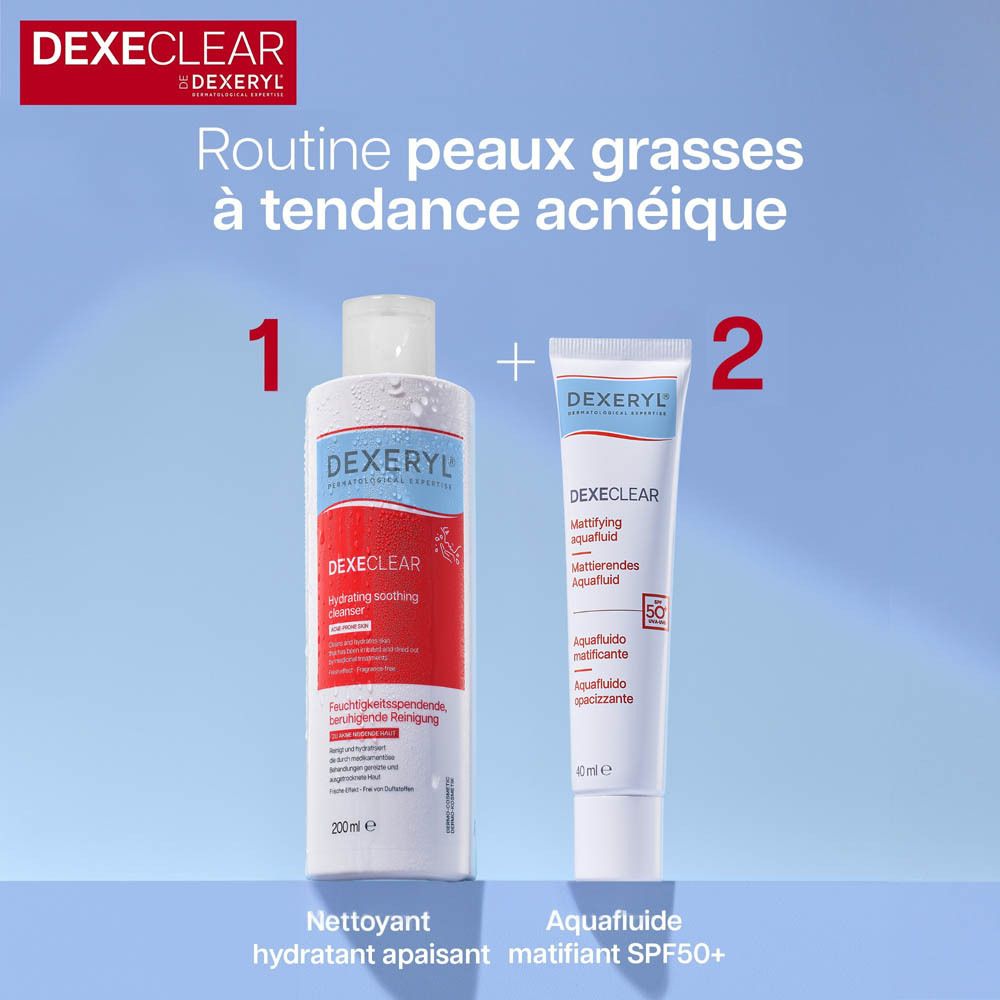 Deux produits: Nettoyant et Aquafloide. DEXERYL DEXECLEAR. Routine peaux grasses.