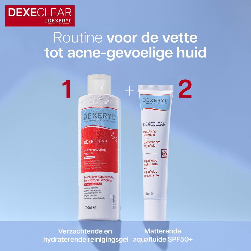 Twee producten: Reiniger en Aquafloide. DEXERYL DEXECLEAR. Routine voor vette huid.
