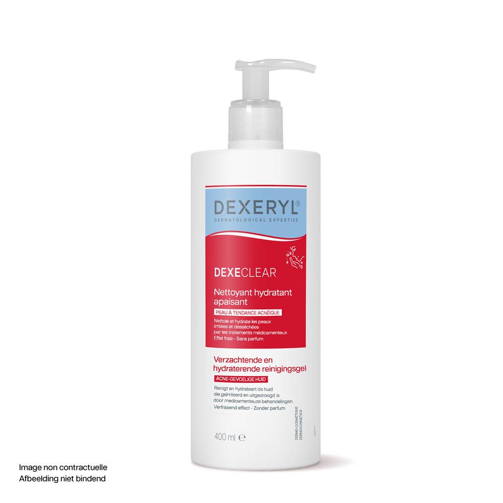 Flacon blanc avec pompe. DEXERYL DEXECLEAR, nettoyant 2-en-1. Étiquette rouge et bleue. 400 ml.