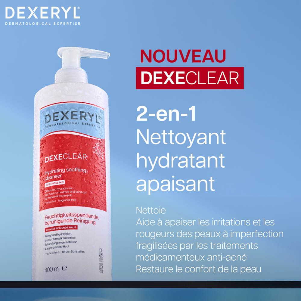 DEXERYL DEXECLEAR, nettoyant 2-en-1. Texte sur fond bleu. Visuel du produit.
