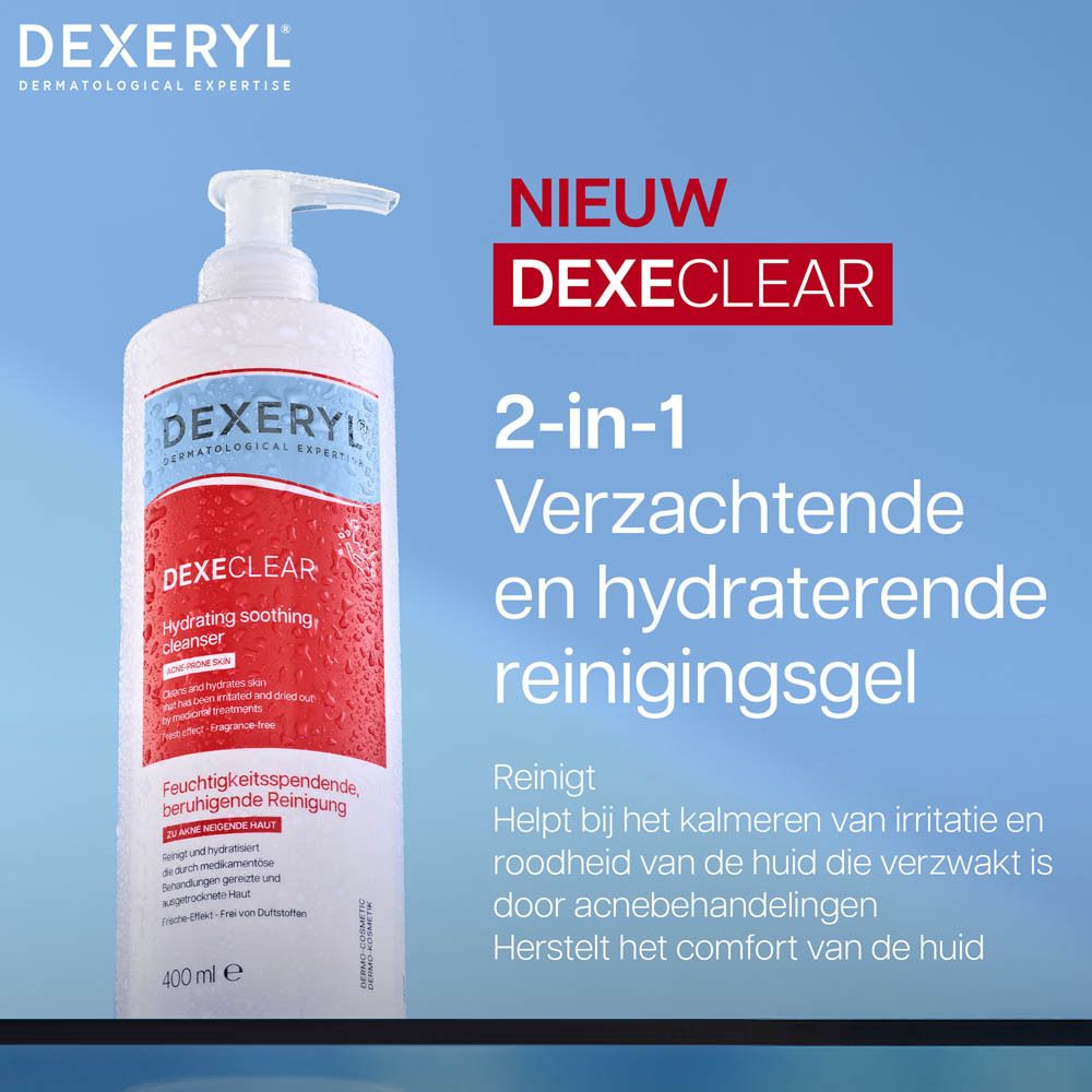 Witte fles met pomp. DEXERYL DEXECLEAR, 2-in-1 reiniger. Rood en blauw etiket. 400 ml.