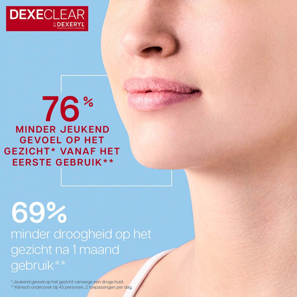 Close-up van een gezicht. Tekst: -76% jeuk, -69% droogheid. DEXERYL DEXECLEAR.