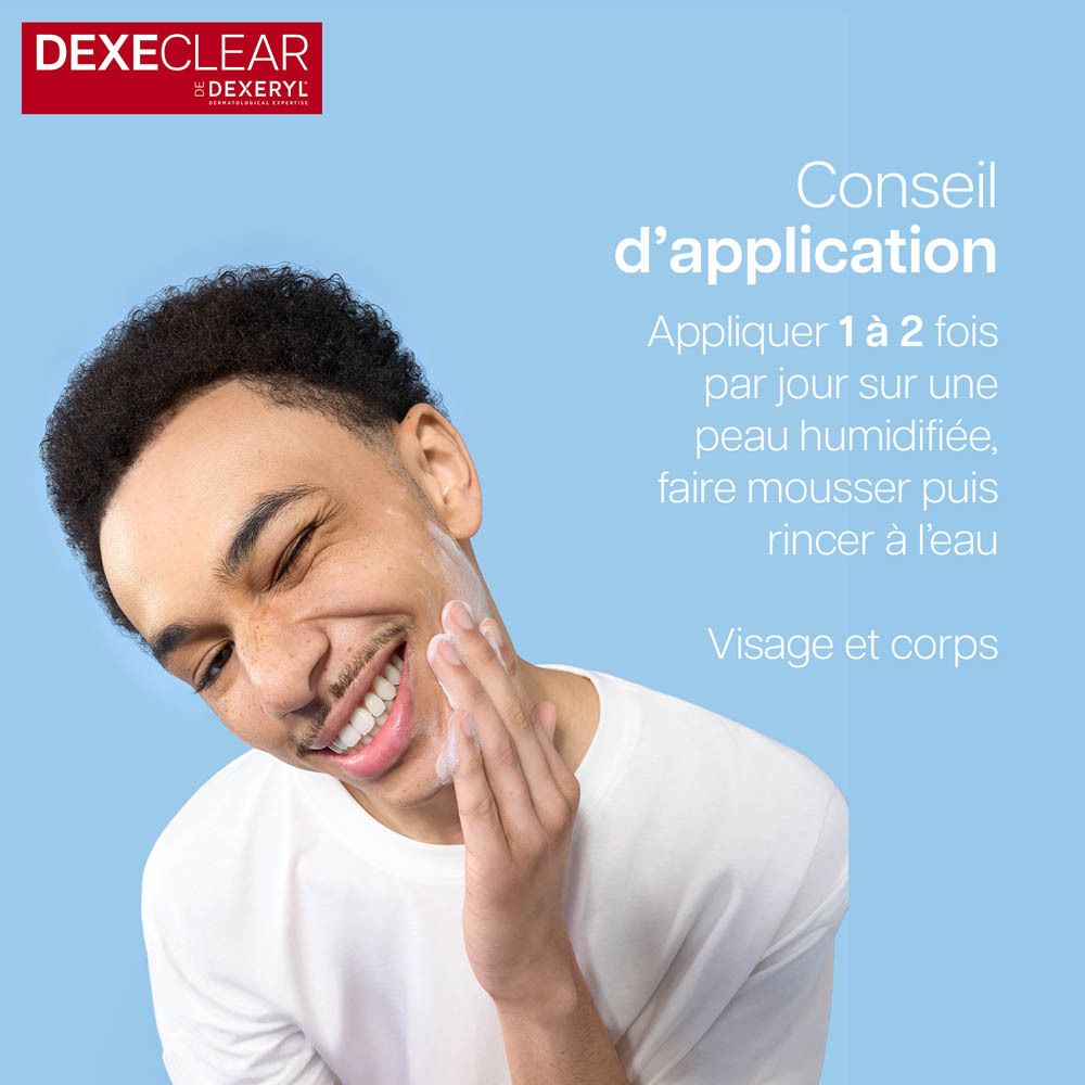 Homme se lavant le visage. Texte : conseils d'application. DEXERYL DEXECLEAR.