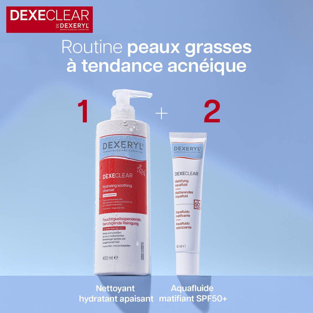 Deux produits : Nettoyant hydratant apaisant et aquafiuide matifiant SPF50+. DEXERYL.
