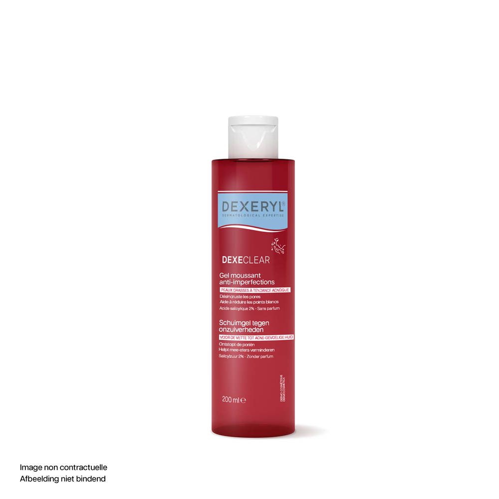 Flacon rouge, bouchon blanc. DEXERYL DEXECLEAR Gel moussant anti-imperfections. 200 ml.
