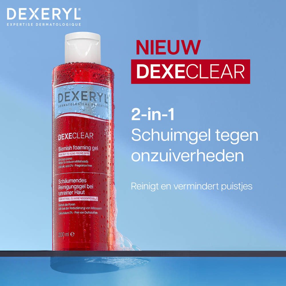 Rode fles met witte dop. DEXERYL DEXECLEAR Gel moussant anti-imperfections. 200 ml.