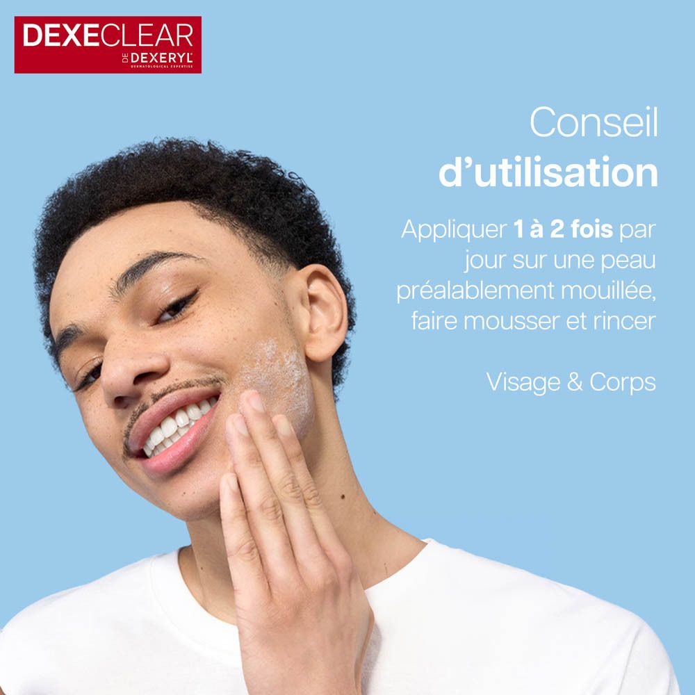 Homme se lave le visage. Conseil d'utilisation. Visage & Corps. 1 à 2 fois par jour.