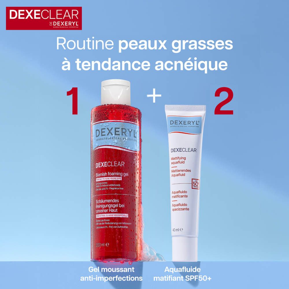 Deux produits. DEXERYL DEXECLEAR Gel moussant anti-imperfections + Aquaf. matifiant SPF50+.