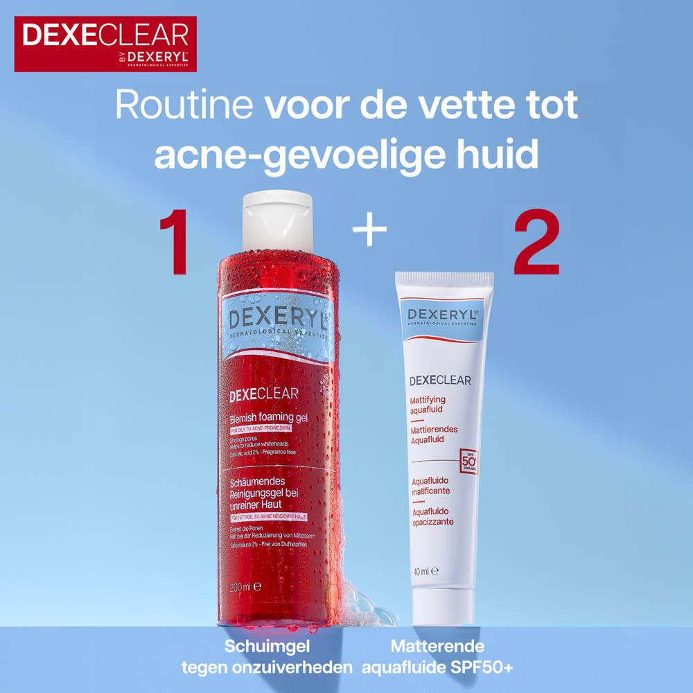Drie producten. DEXERYL DEXECLEAR Schuimgel, Reinigingsgel, Aquaf. SPF50+.
