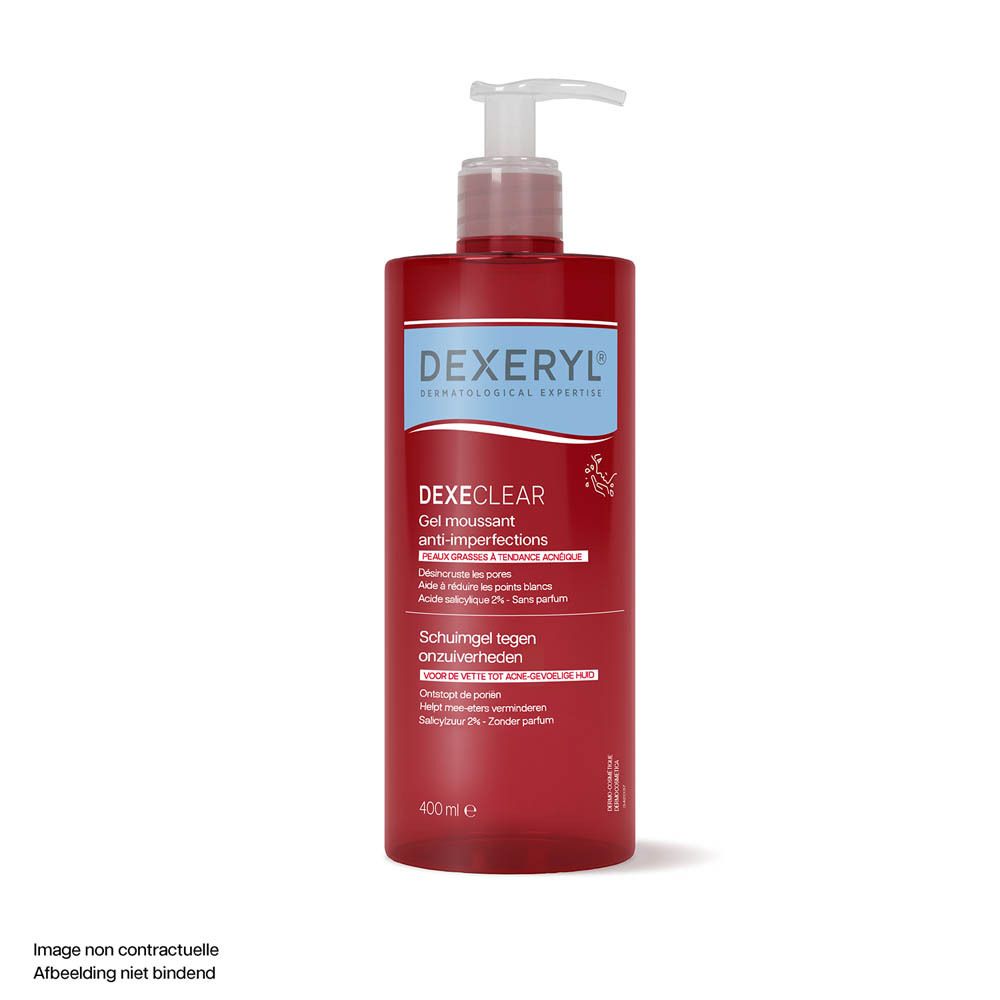 Rode fles met pomp. DEXERYL DEXECLEAR Gel moussant anti-imperfections. Etiket.