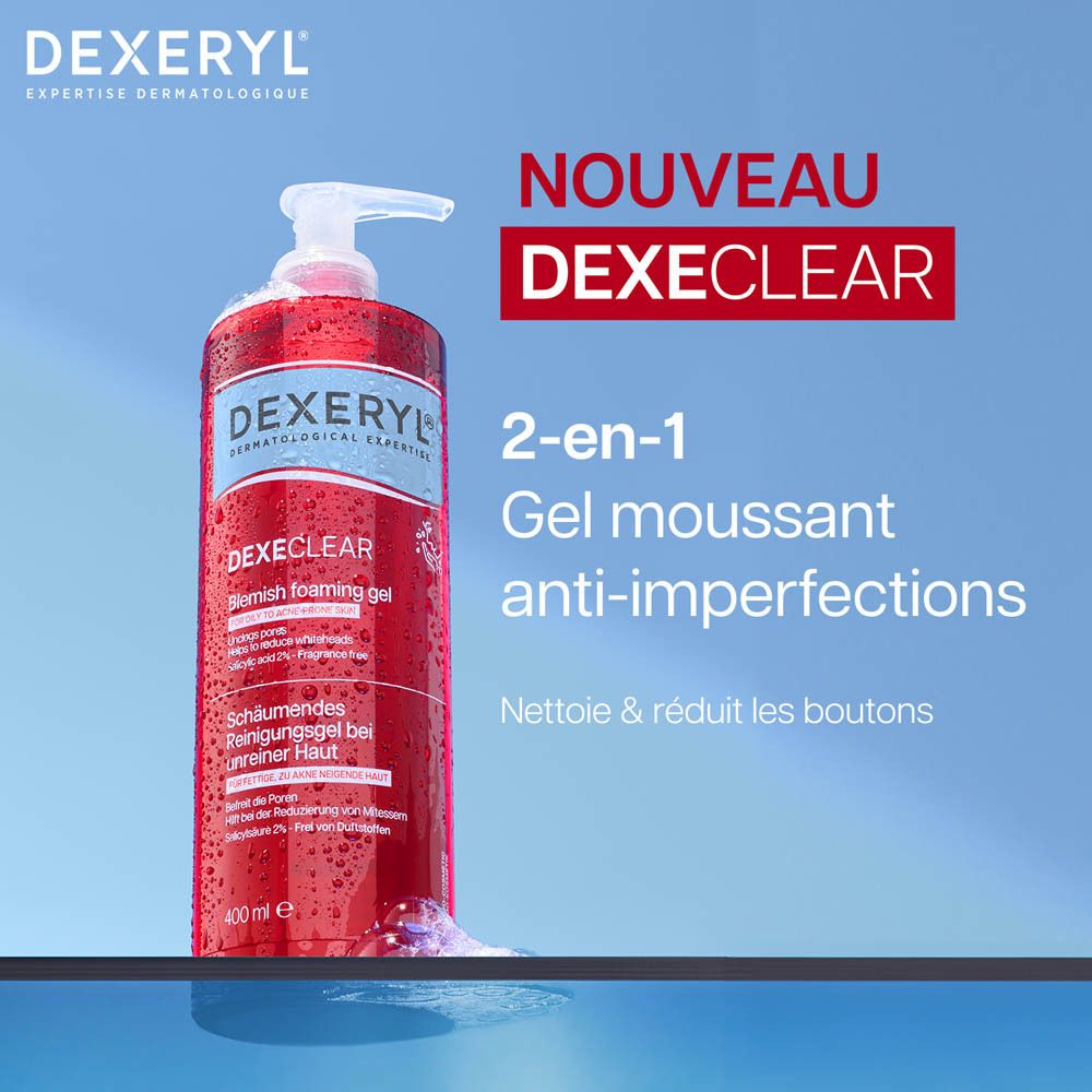 DEXERYL DEXECLEAR Gel moussant anti-imperfections. Nouveau. 2-en-1. Nettoie et réduit les boutons.