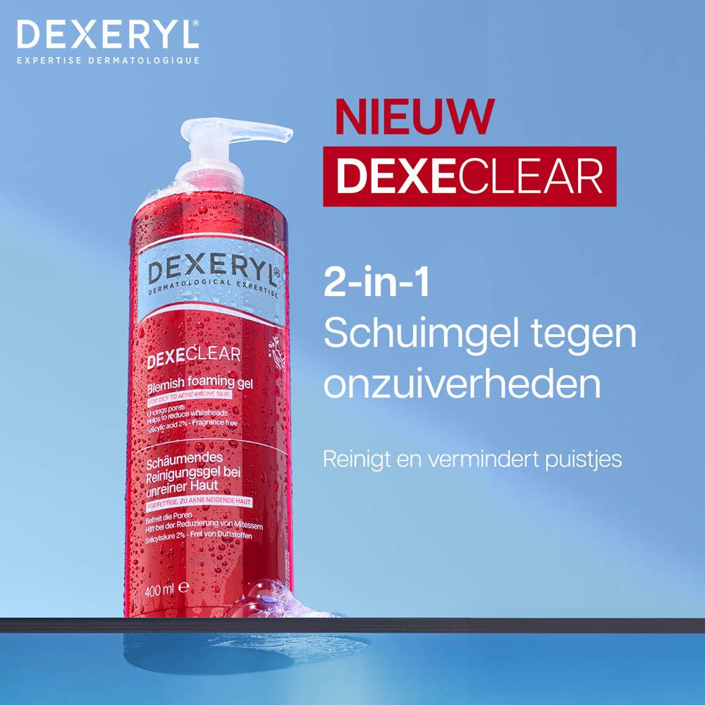 Rode fles met pomp. DEXERYL DEXECLEAR Blemish Foaming Gel. Tekst op etiket.