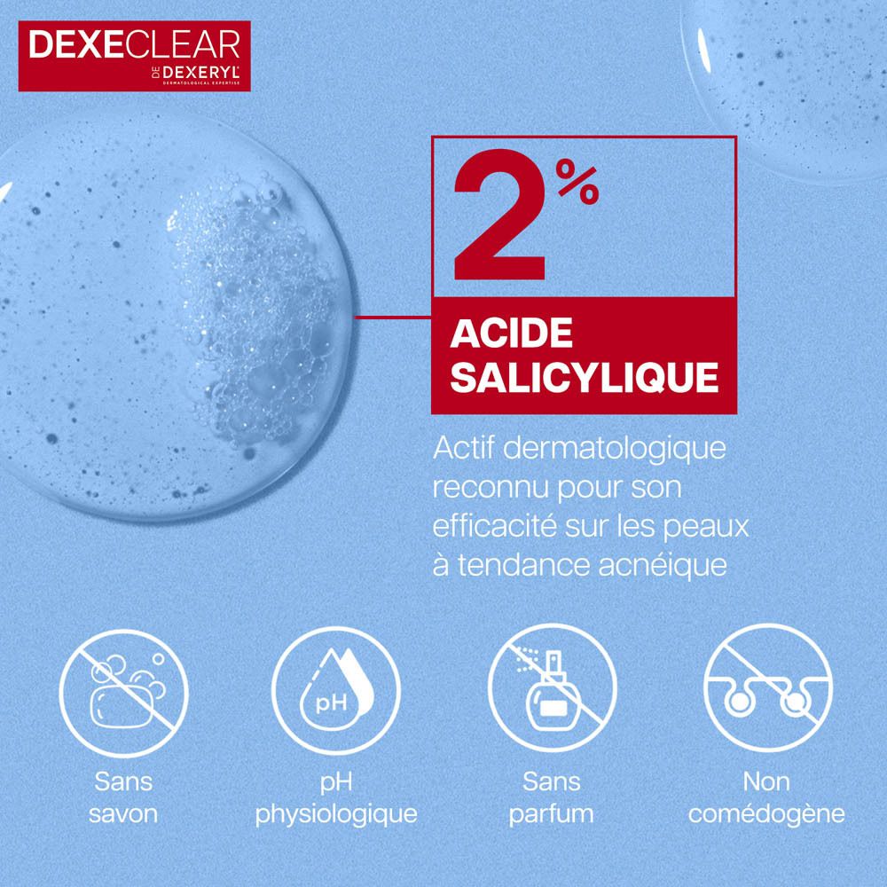 2% Acide salicylique. Actif dermatologique. Sans savon, pH physiologique, sans parfum, non comédogène.
