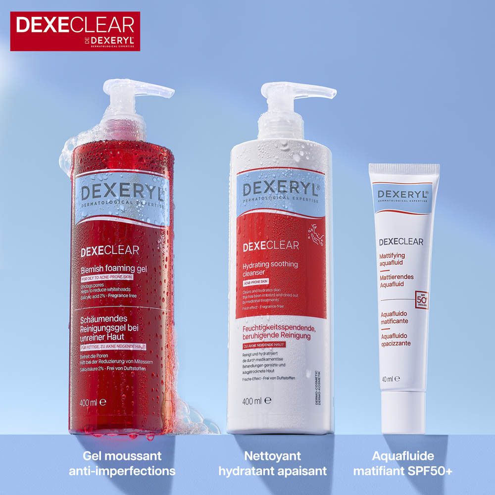 Trois produits: DEXERYL Blemish Foaming Gel, Nettoyant hydratant apaisant, Aquafuid matifiant SPF50+.