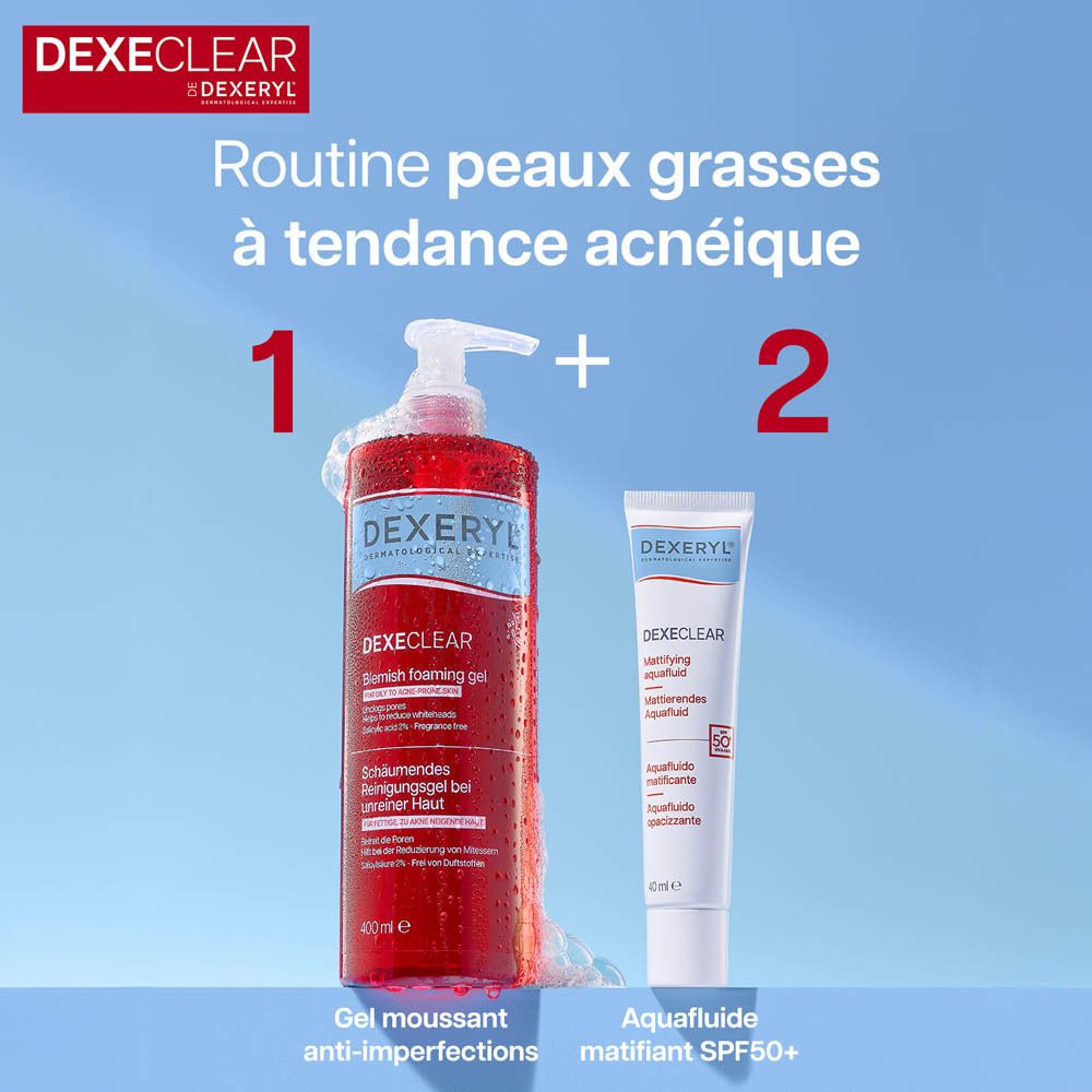 Routine peaux grasses à tendance acnéique. 1: Gel moussant anti-imperfections. 2: Aquafuid.