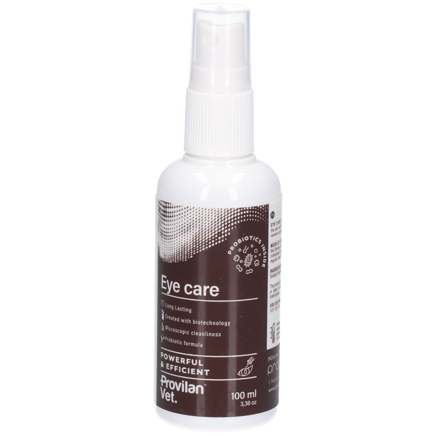 Witte spuitfles met bruin etiket voor oogverzorging, 100 ml.