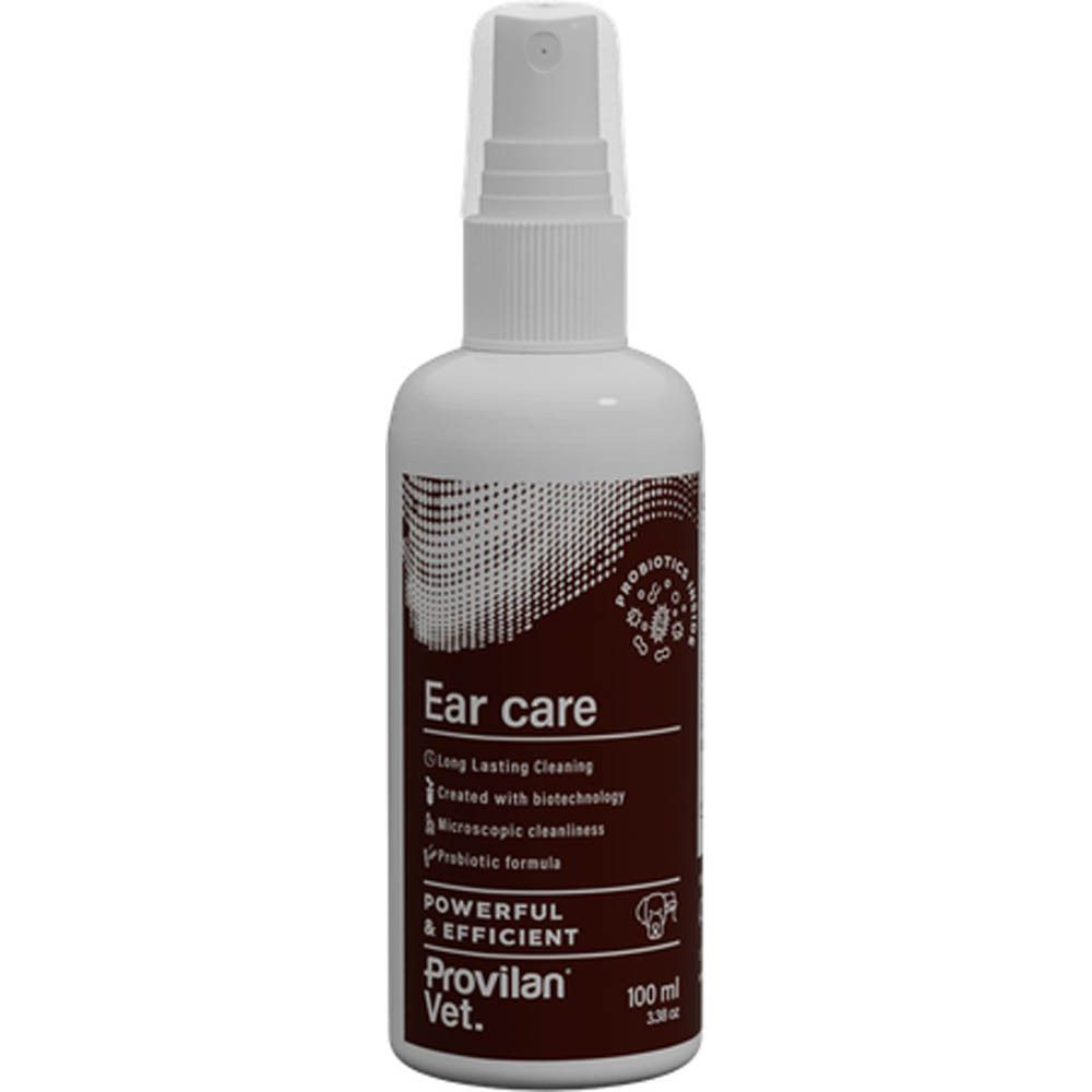 Witte sprayfles met bruin etiket voor oorverzorging, 100 ml.