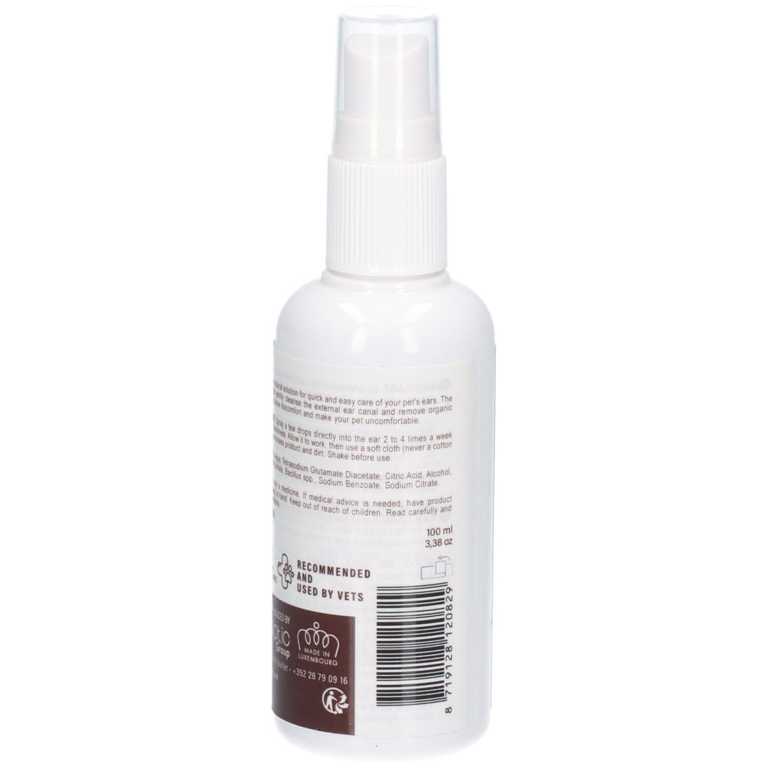 Arrière d'un flacon pulvérisateur blanc avec étiquette marron, contient des instructions et ingrédients.