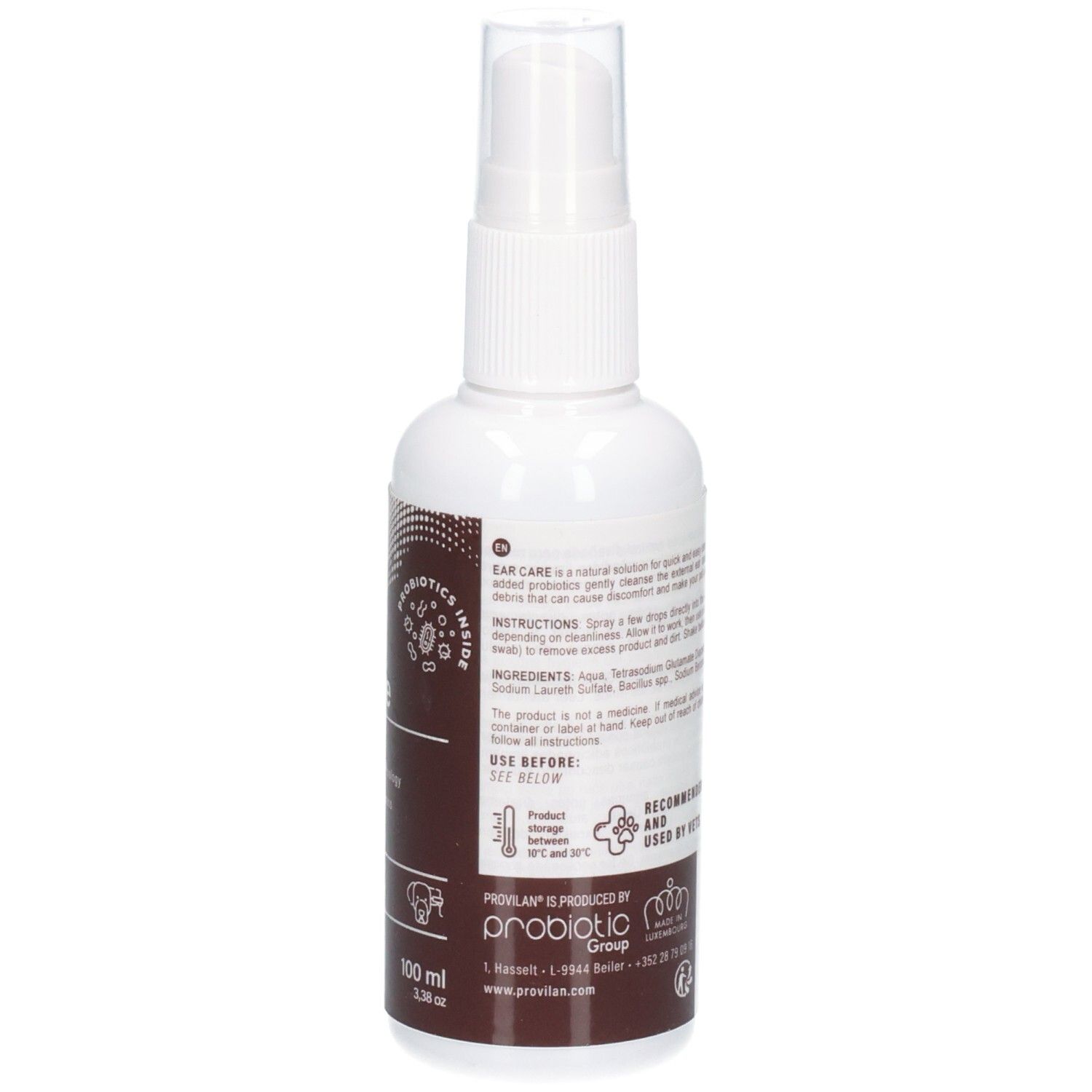 Arrière d'un flacon pulvérisateur blanc avec étiquette marron, montre instructions et ingrédients.